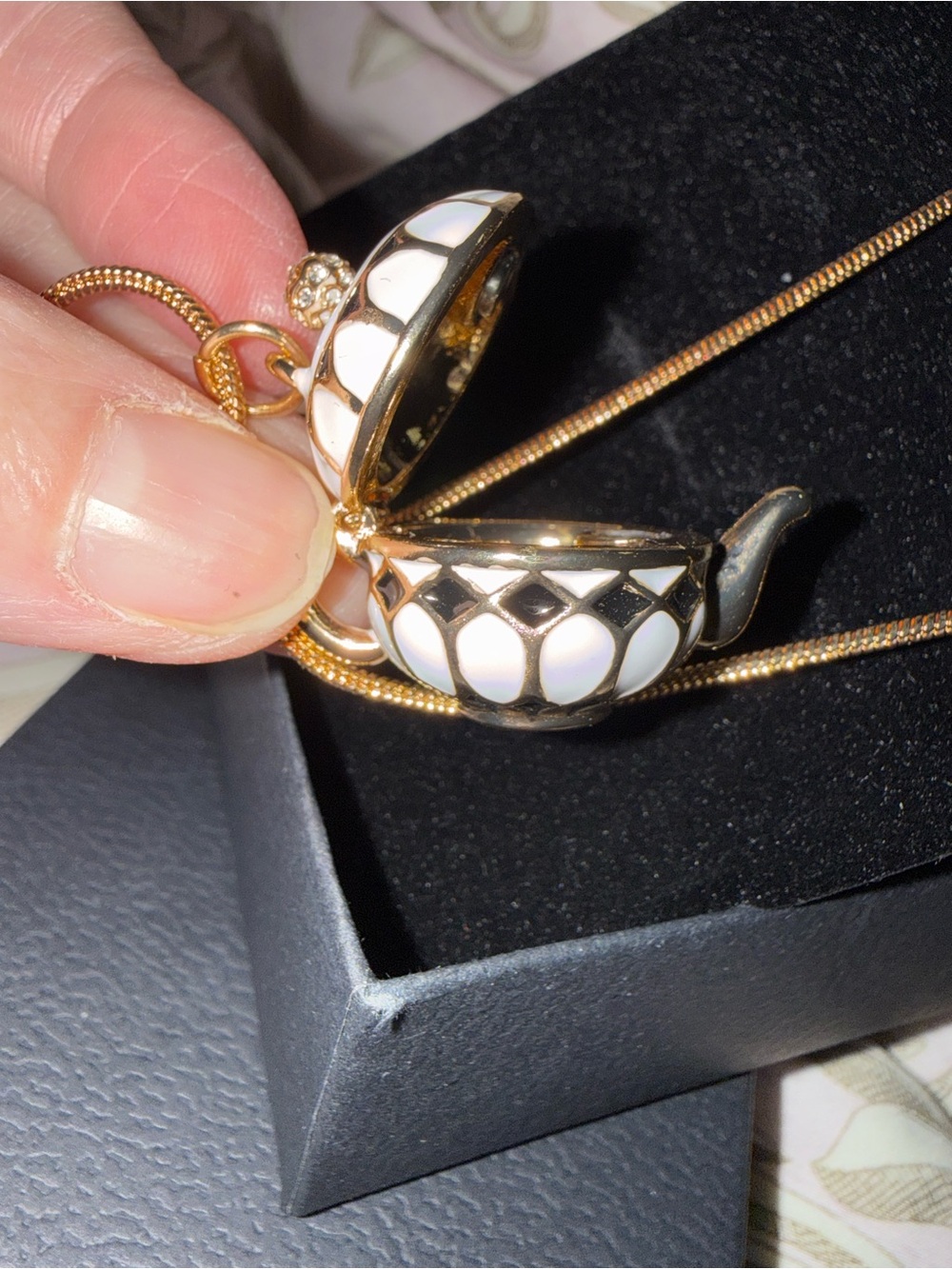Gold and White Teapot Pendant Necklace 36” Adjustable Locket - Picture 8 of 12